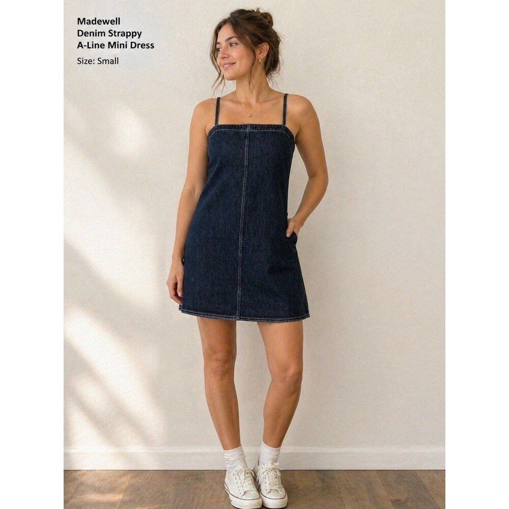 Madewell Denim Strappy Alpine A-Line Mini Dress Dark Wash Pockets Size S NWT
